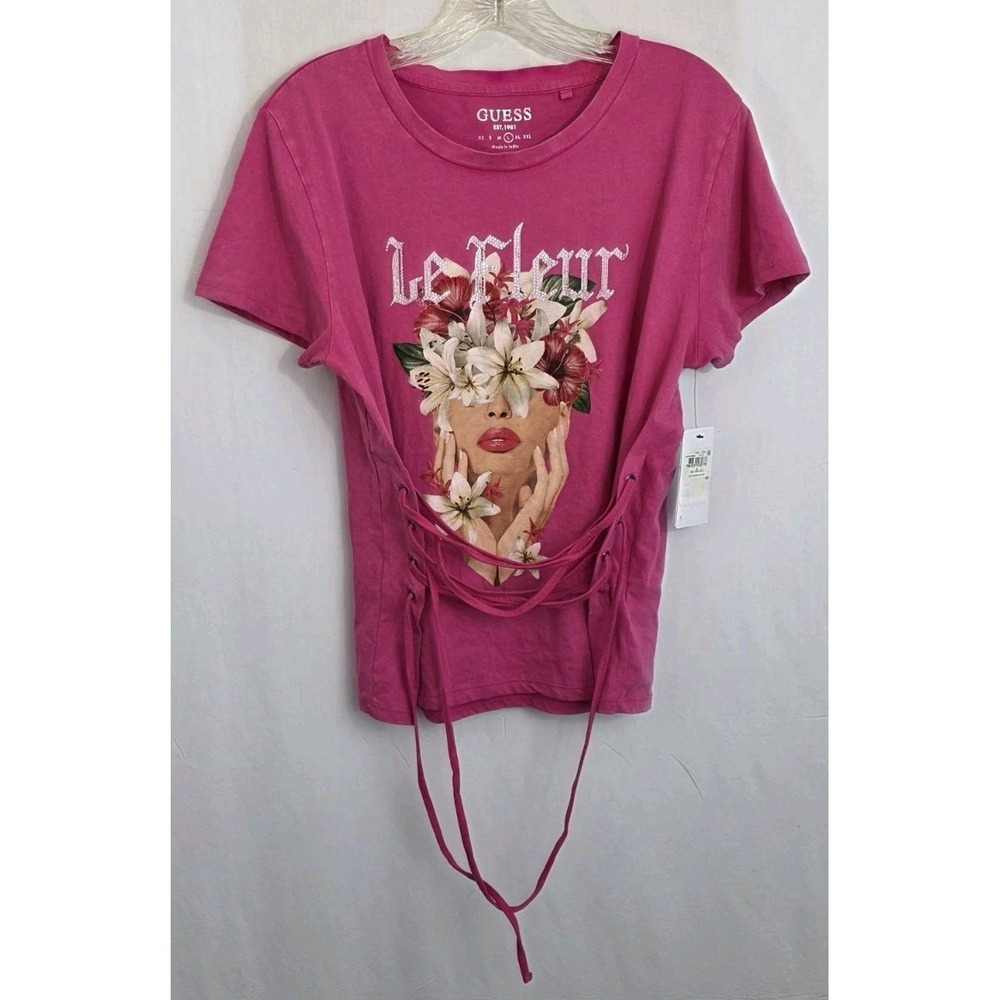 NWT $59 GUESS Women's Large Le Fleur Corset T-Shirt Pink  Coquette Rare Find!!